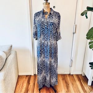 Zara Blue White Wave Trippy Print Shirt Dress Beach Cover Up L